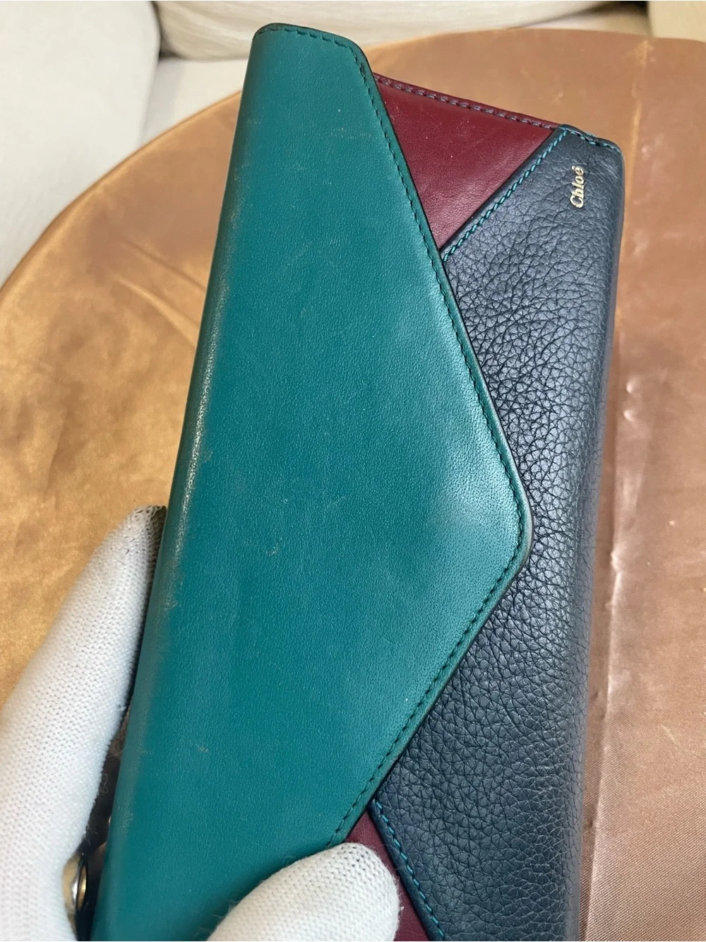 Chloé Tri-Color Leather Continental Wallet — Teal, Navy & Burgundy